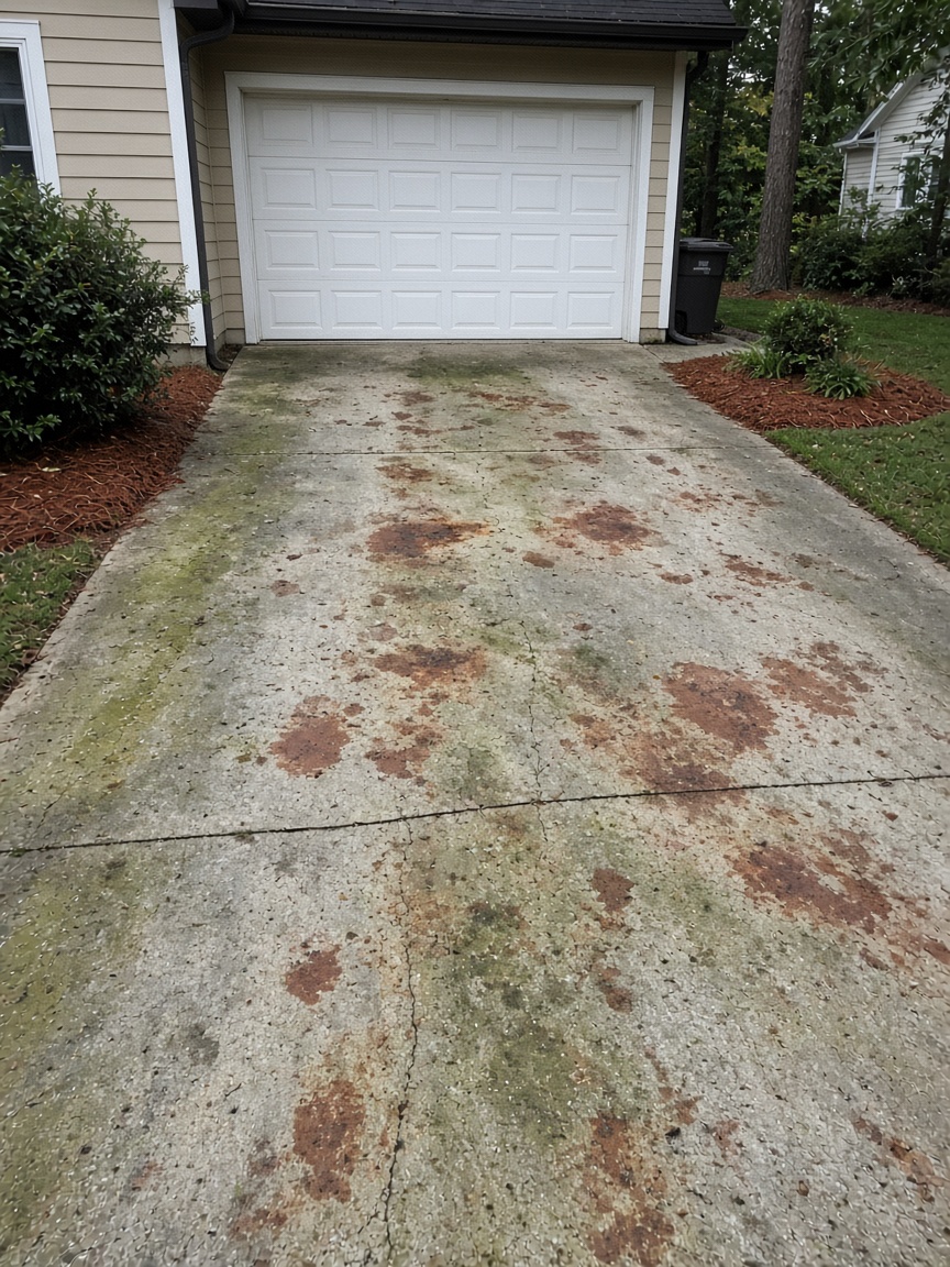 Stained, mildewed concrete driveway before pressure washing