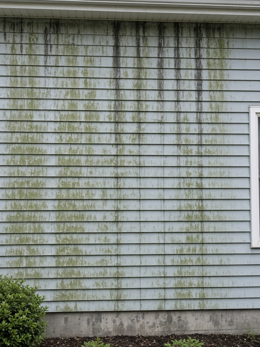 Green algae-streaked vinyl siding before soft washing